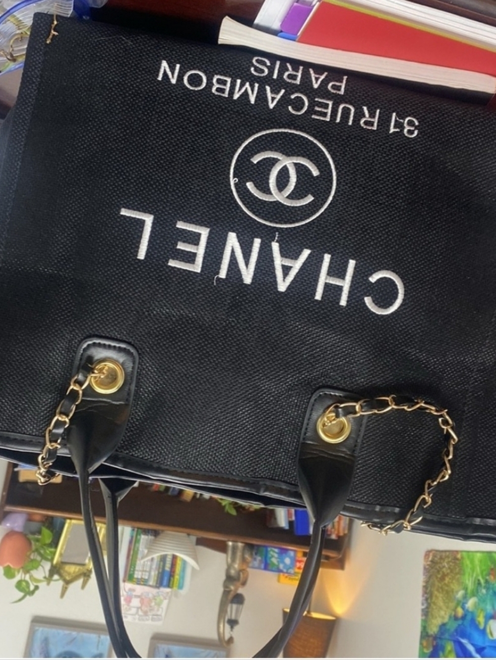 C Black Canvas Chain-Handle Tote Bag